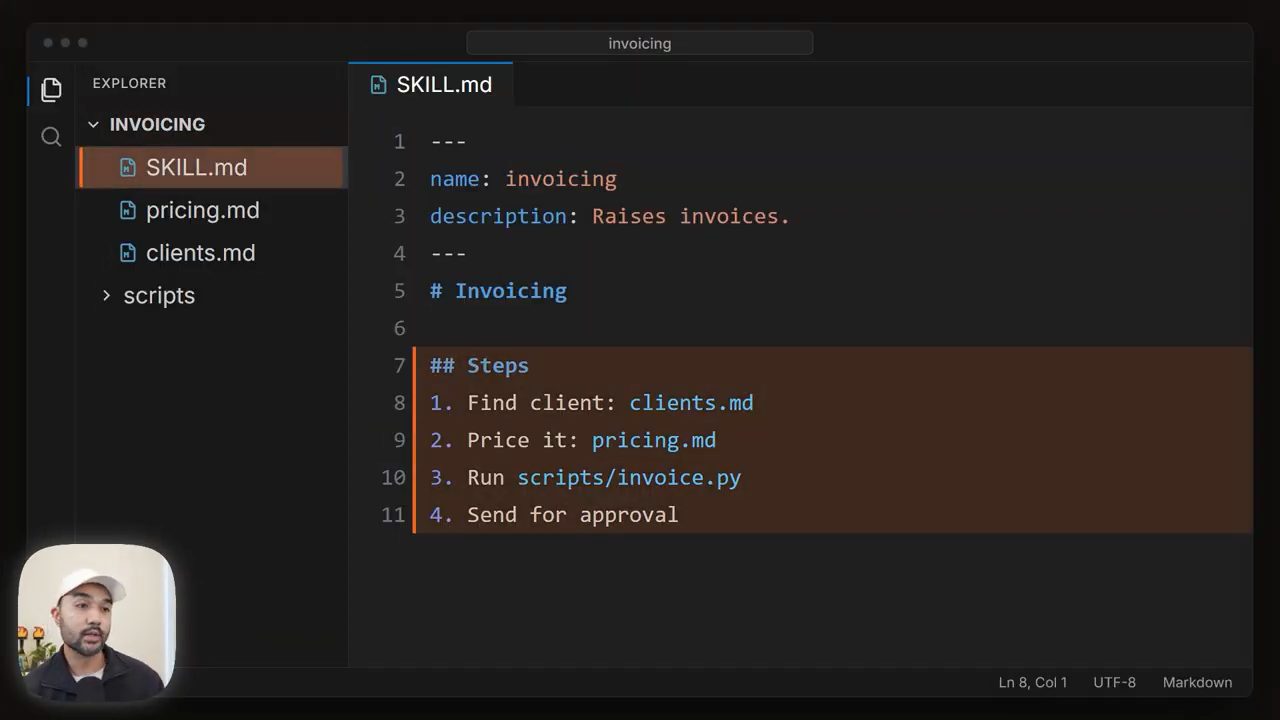 Editor mở skill invoicing: SKILL.md với các bước trỏ tới clients.md, pricing.md và scripts/invoice.py