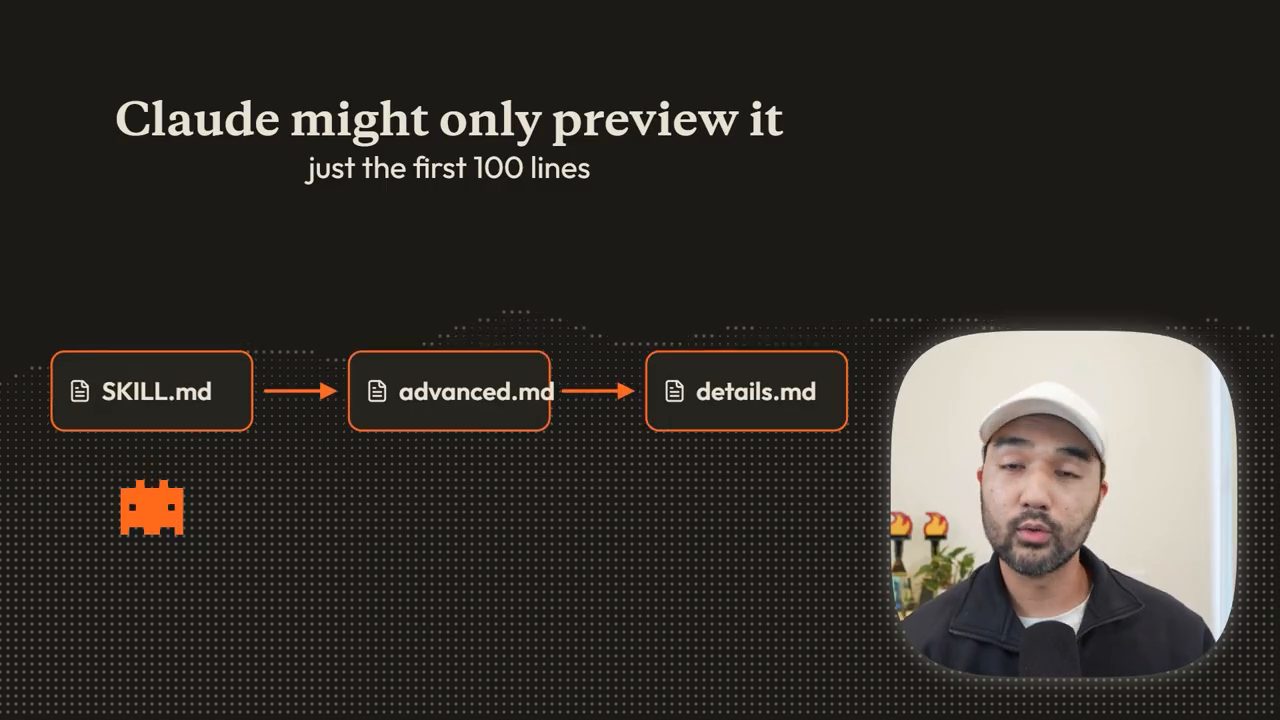 Chuỗi SKILL.md trỏ tới advanced.md rồi tới details.md, với dòng Claude might only preview it, just the first 100 lines