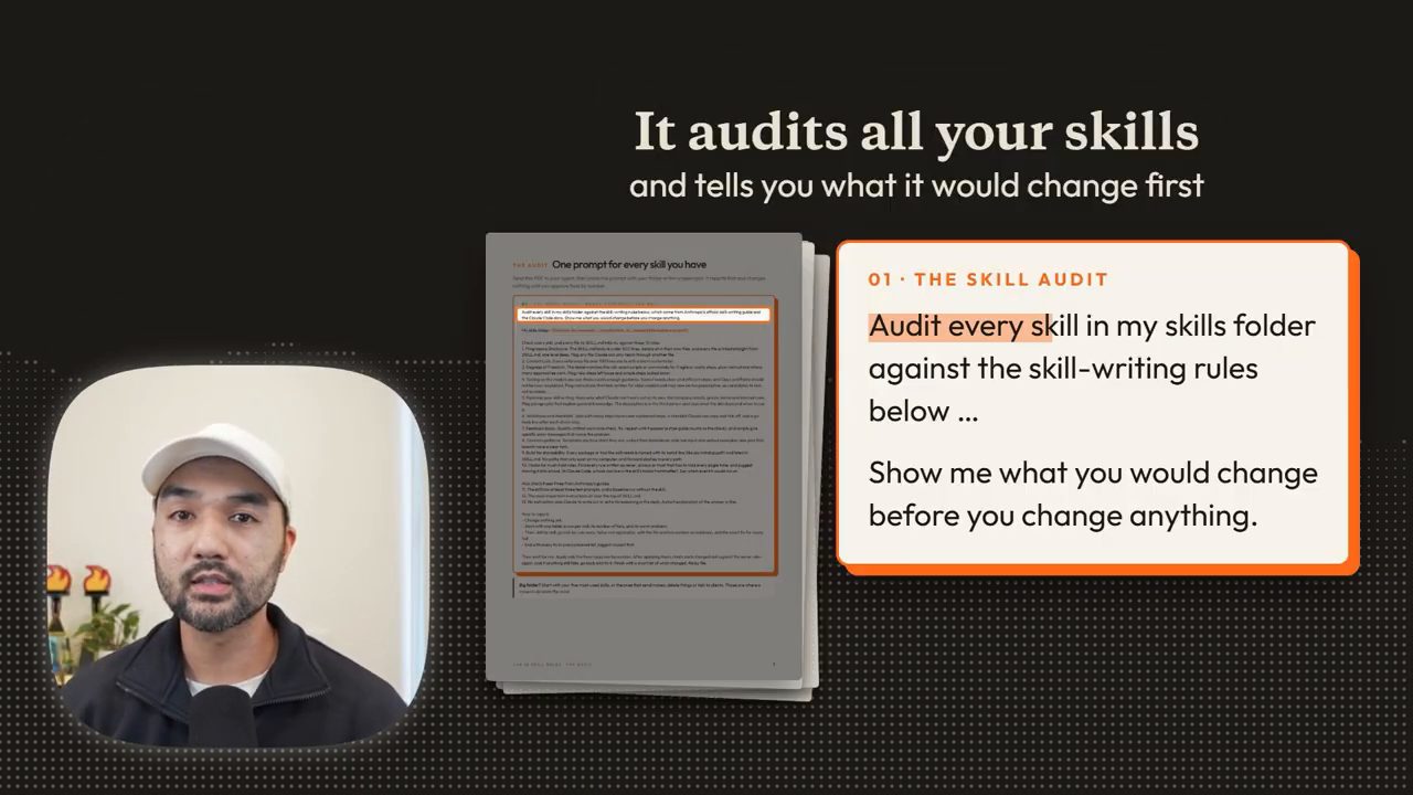 Trang PDF The Skill Audit với câu Audit every skill in my skills folder against the skill-writing rules below