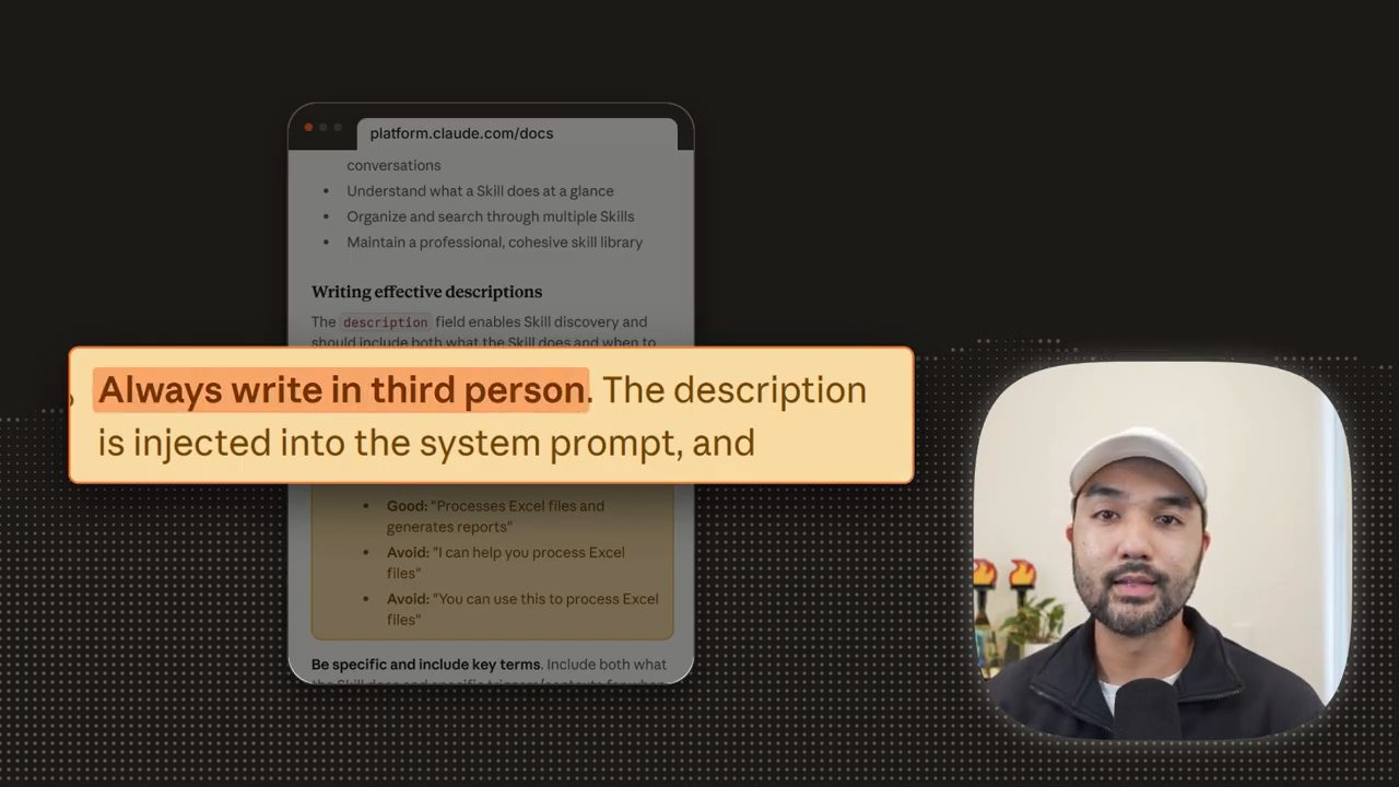 Docs Anthropic mục Writing effective descriptions với dòng Always write in third person