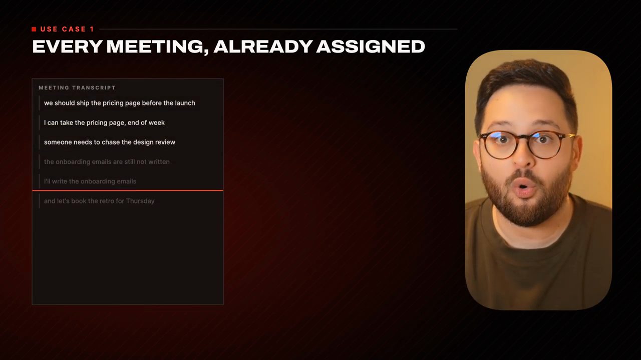 Slide Use case 1, Every meeting, already assigned, với khung bản ghi lời nói trong một cuộc họp