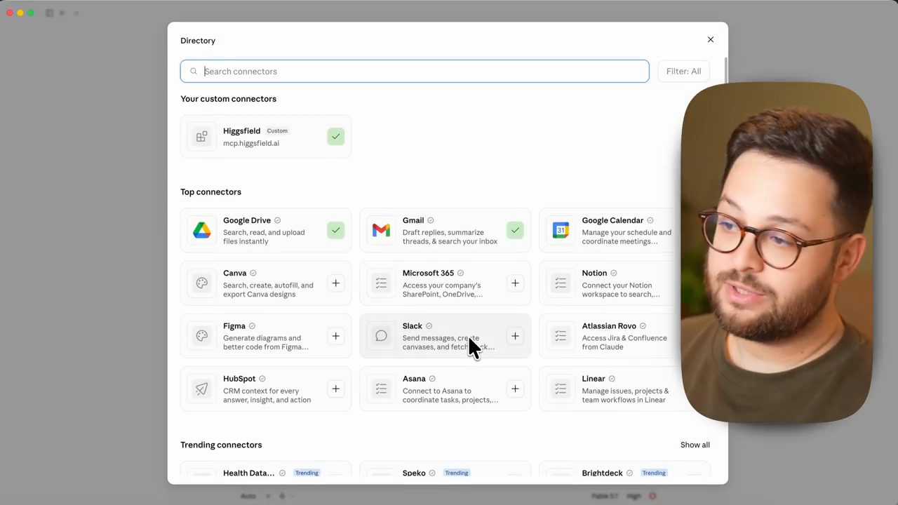 Hộp Directory với ô Search connectors, danh sách Top connectors như Google Drive, Gmail, Google Calendar, Notion, Slack