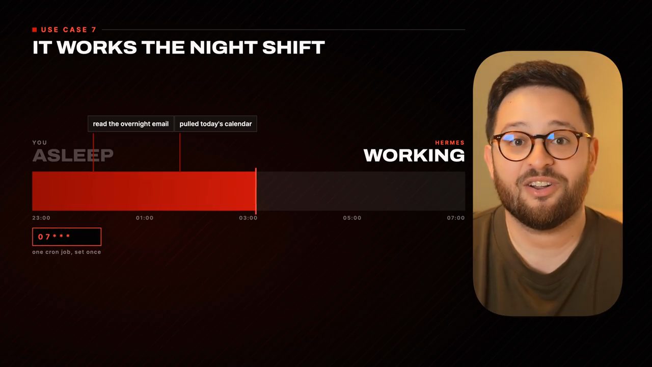 Slide Use case 7, It works the night shift: thanh thời gian 23:00 đến 07:00, You asleep, Hermes working, cron 07*** one cron job, set once