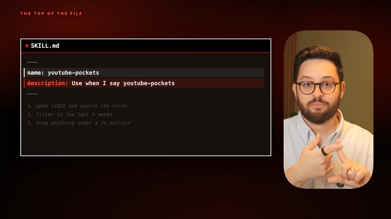 Slide 'The top of the file' với file SKILL.md: name youtube-pockets và description