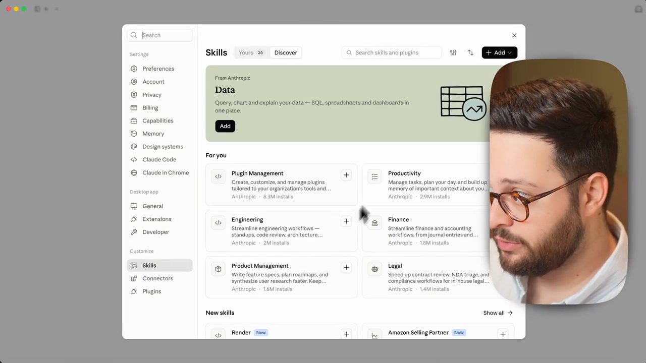 Trang Skills trong Claude, tab Discover với các skill từ Anthropic