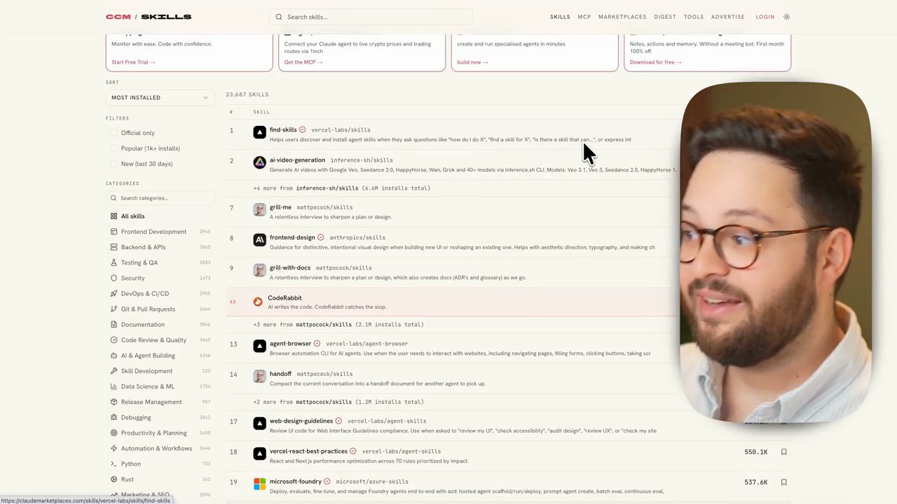 Trang skills của claudemarketplaces.com xếp theo lượt cài, find-skills đứng đầu