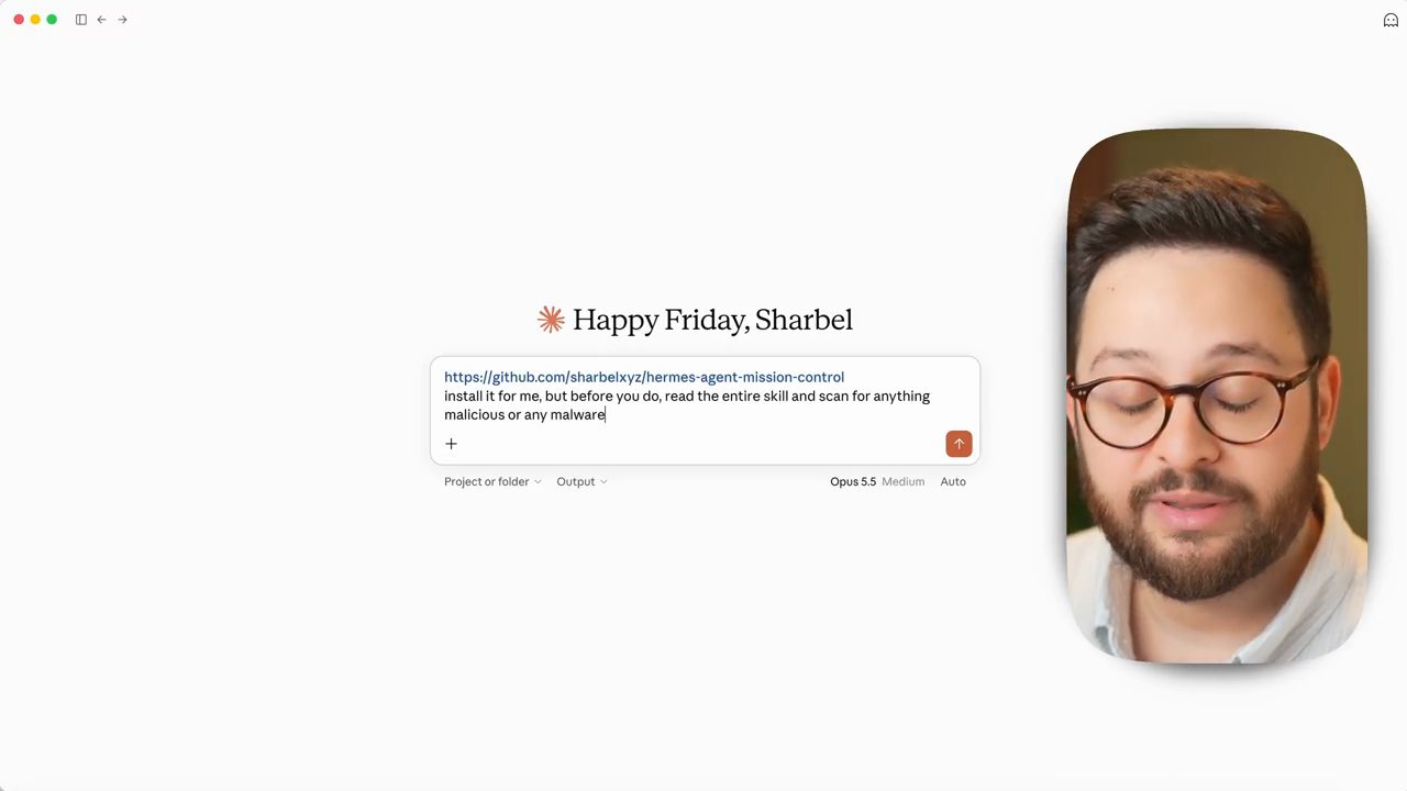 Ô chat Claude chứa link repo hermes-agent-mission-control và lệnh cài kèm yêu cầu quét malware