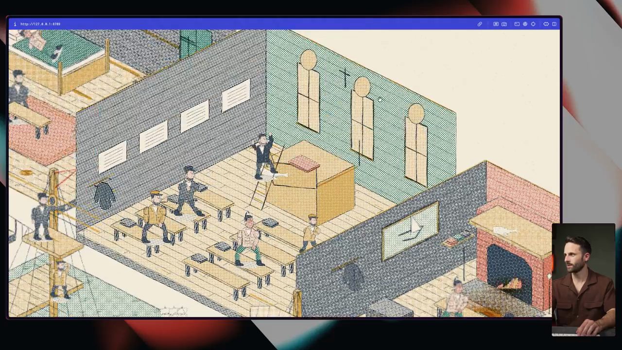 Cảnh nhà nguyện isometric theo kiểu risograph với ghế dài, bục giảng có thang và cửa sổ vòm, trong bản của GPT-6 Astra