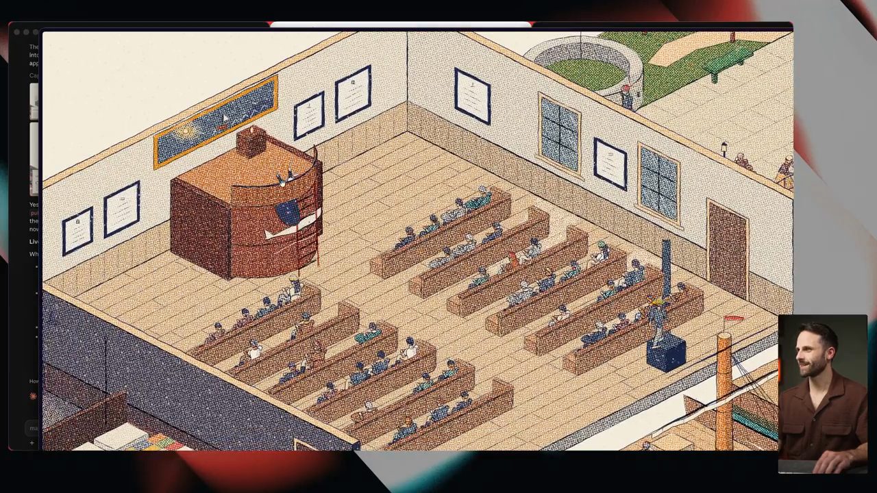 Nhà nguyện isometric chi tiết với bục giảng hình mũi tàu, nhiều hàng ghế kín người, cửa sổ và tranh trên tường, trong bản của Opus 5.5