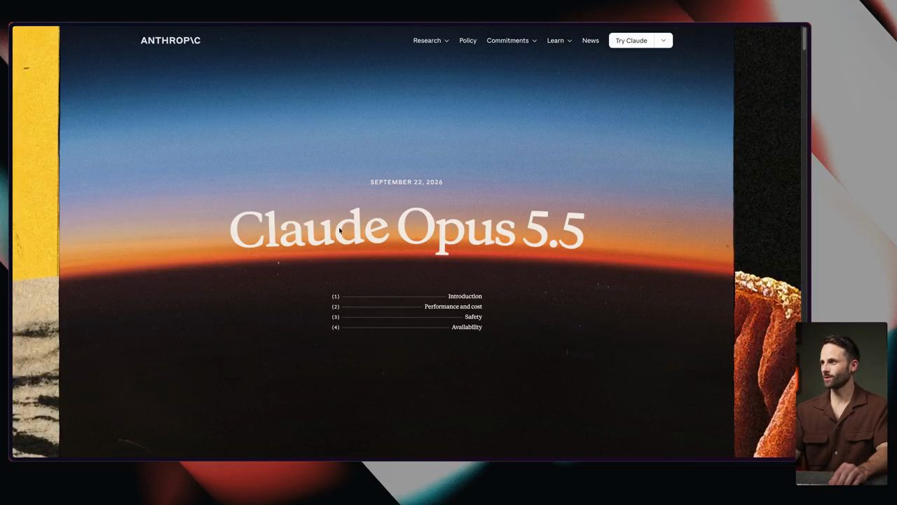 Trang ra mắt Claude Opus 5.5 của Anthropic với dòng chữ lớn trên đường chân trời cam và mục lục bốn phần
