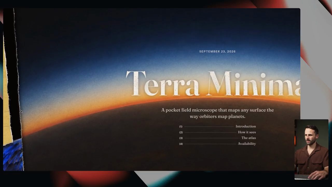 Hero của trang Terra Minima do Opus 5.5 làm: tiêu đề lớn trên đường chân trời cam, mô tả kính hiển vi bỏ túi và mục lục bốn phần
