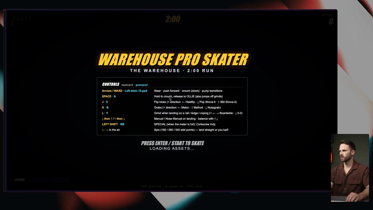 Màn hình bắt đầu WAREHOUSE PRO SKATER của Fable 5.1 với bảng điều khiển bàn phím và gamepad, lượt chơi 2:00