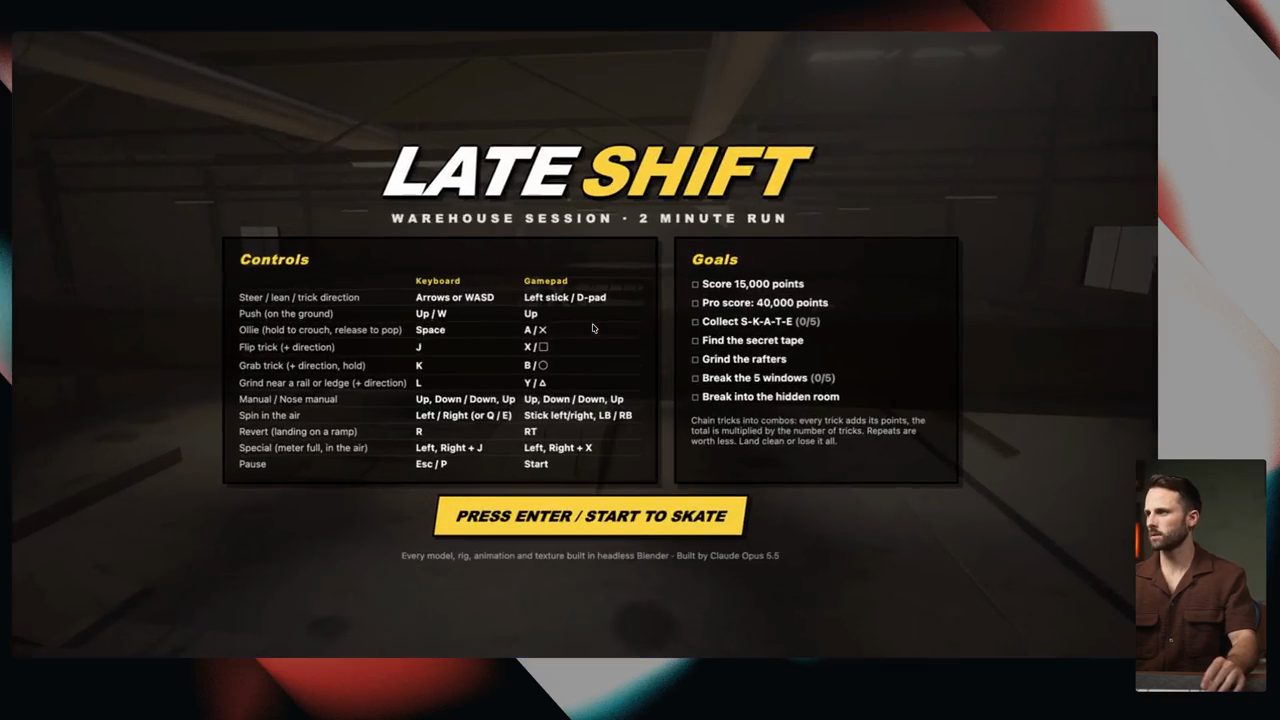 Màn hình bắt đầu LATE SHIFT của Opus 5.5 với bảng Controls cho bàn phím và gamepad và bảng Goals