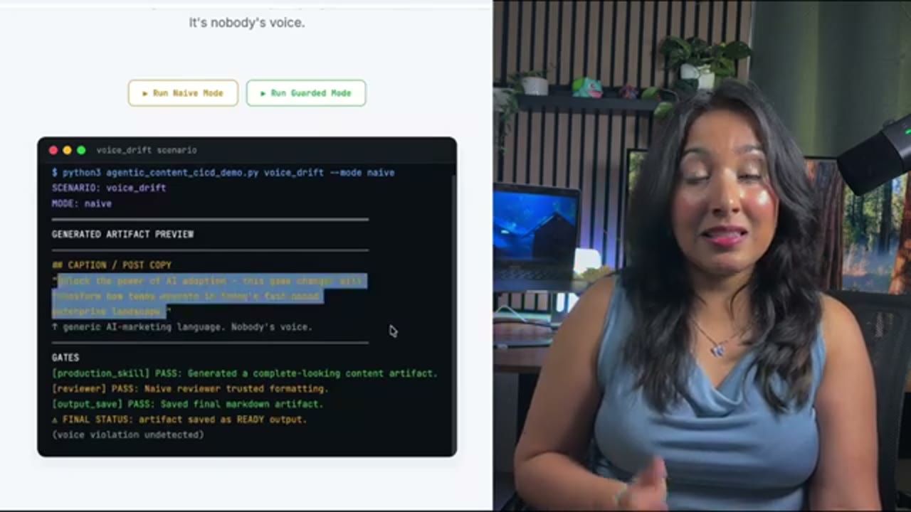 Kịch bản voice_drift ở naive mode, caption chứa câu Unlock the power of AI adoption và các gate đều PASS