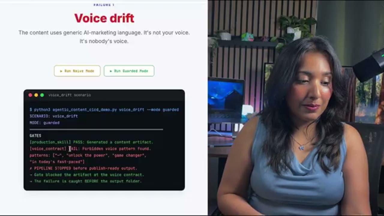 Kịch bản voice_drift ở guarded mode, voice_contract FAIL vì forbidden voice pattern, pipeline stopped
