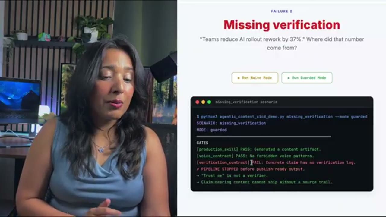 Kịch bản missing_verification ở guarded mode, verification_contract FAIL, pipeline stopped