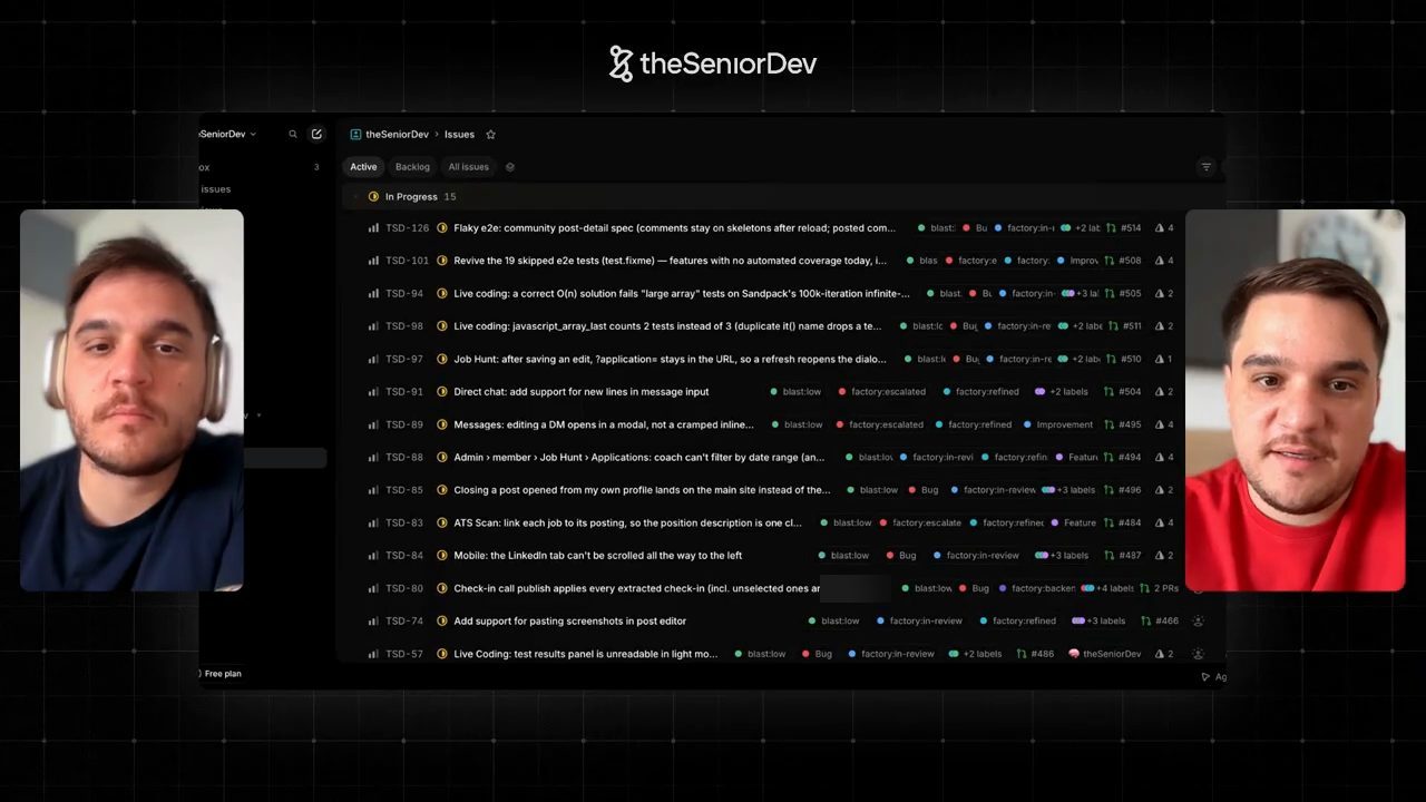 Board Linear của theSeniorDev, danh sách issue In Progress, mỗi dòng gắn nhãn blast:low, Bug, factory:refined, factory:escalated