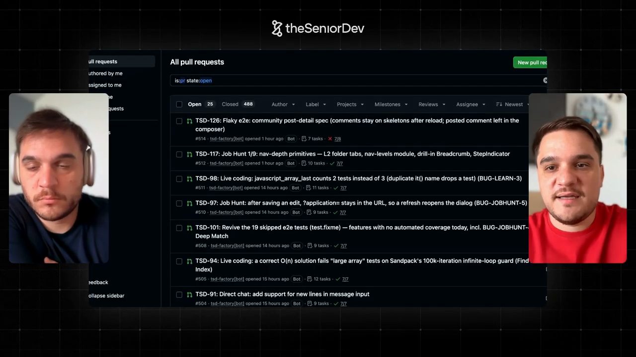 Trang All pull requests trên GitHub: 25 open, 488 closed, các PR TSD do tsd-factory bot mở