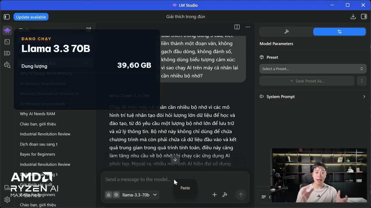 LM Studio đang chạy Llama 3.3 70B, khung chú thích ghi dung lượng 39,60 GB