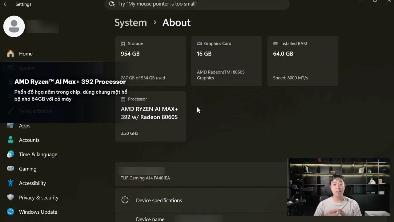 Trang System, About của Windows: Graphics Card 16 GB, Installed RAM 64.0 GB, chip AMD Ryzen AI Max+ 392