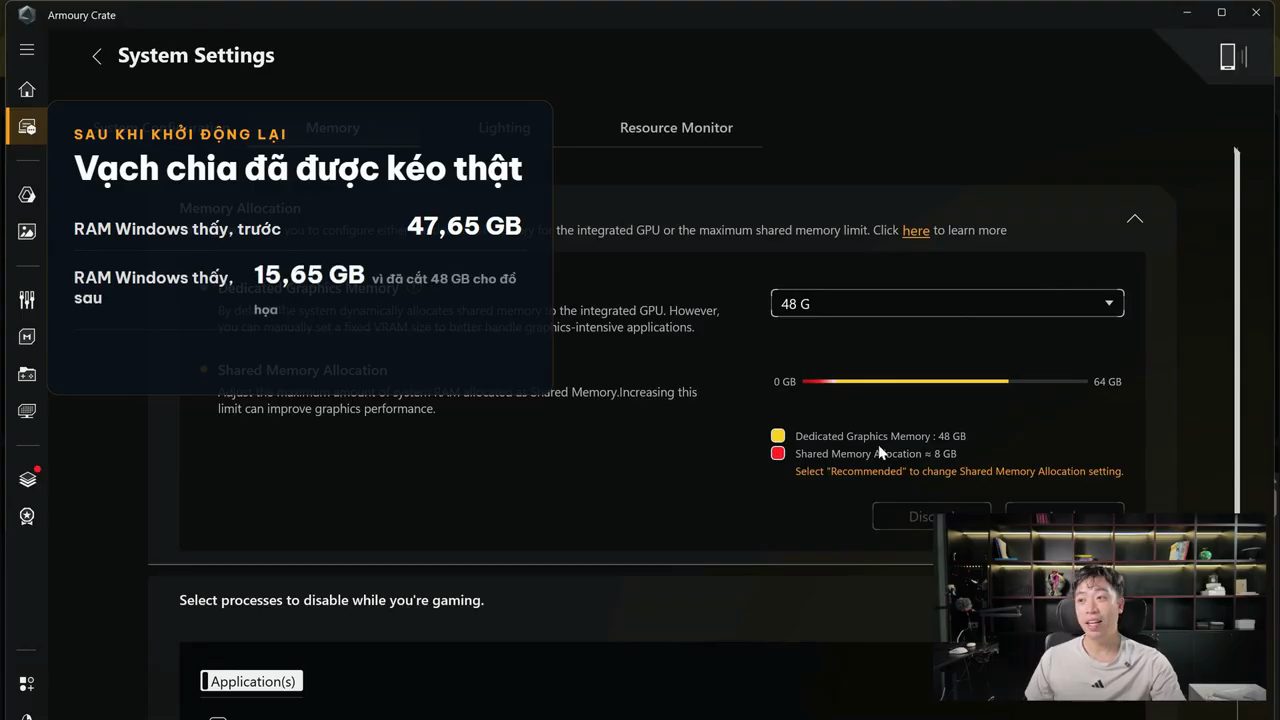Armoury Crate sau khi khởi động lại: Dedicated Graphics Memory 48 G, khung chú thích RAM Windows trước 47,65 GB, sau 15,65 GB