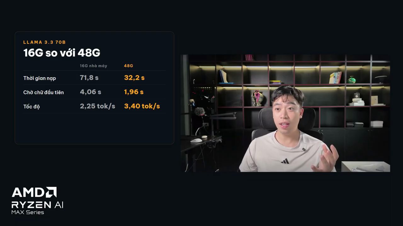 Bảng Llama 3.3 70B, 16G so với 48G: thời gian nạp, chờ chữ thứ nhất, tốc độ