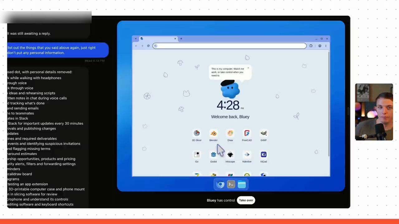 Máy tính ảo của Bluey: màn hình chào Welcome back, Bluey cùng các app Blender, FreeCAD, GIMP, Inkscape, KiCad