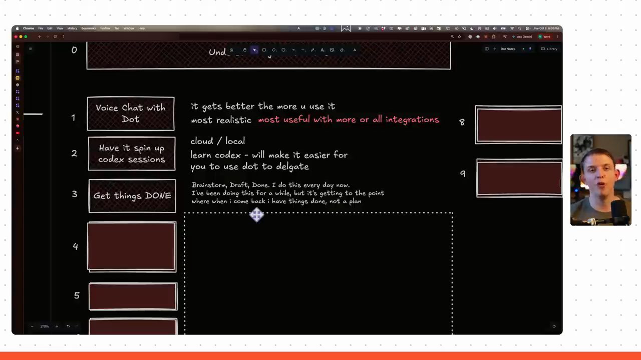 Bảng ghi chú ba tip đầu: Voice Chat with Dot, Have it spin up codex sessions, Get things DONE