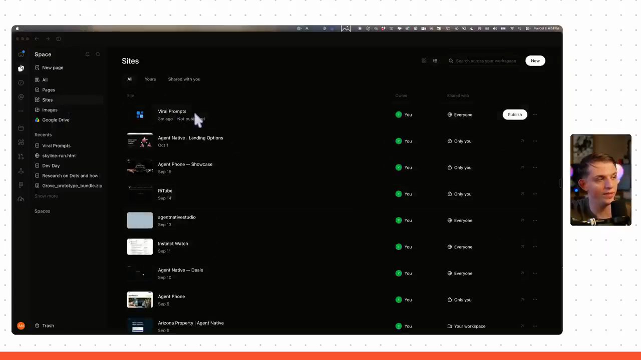 Mục Sites trong Space: danh sách site, Viral Prompts ở đầu với trạng thái Not published và nút Publish
