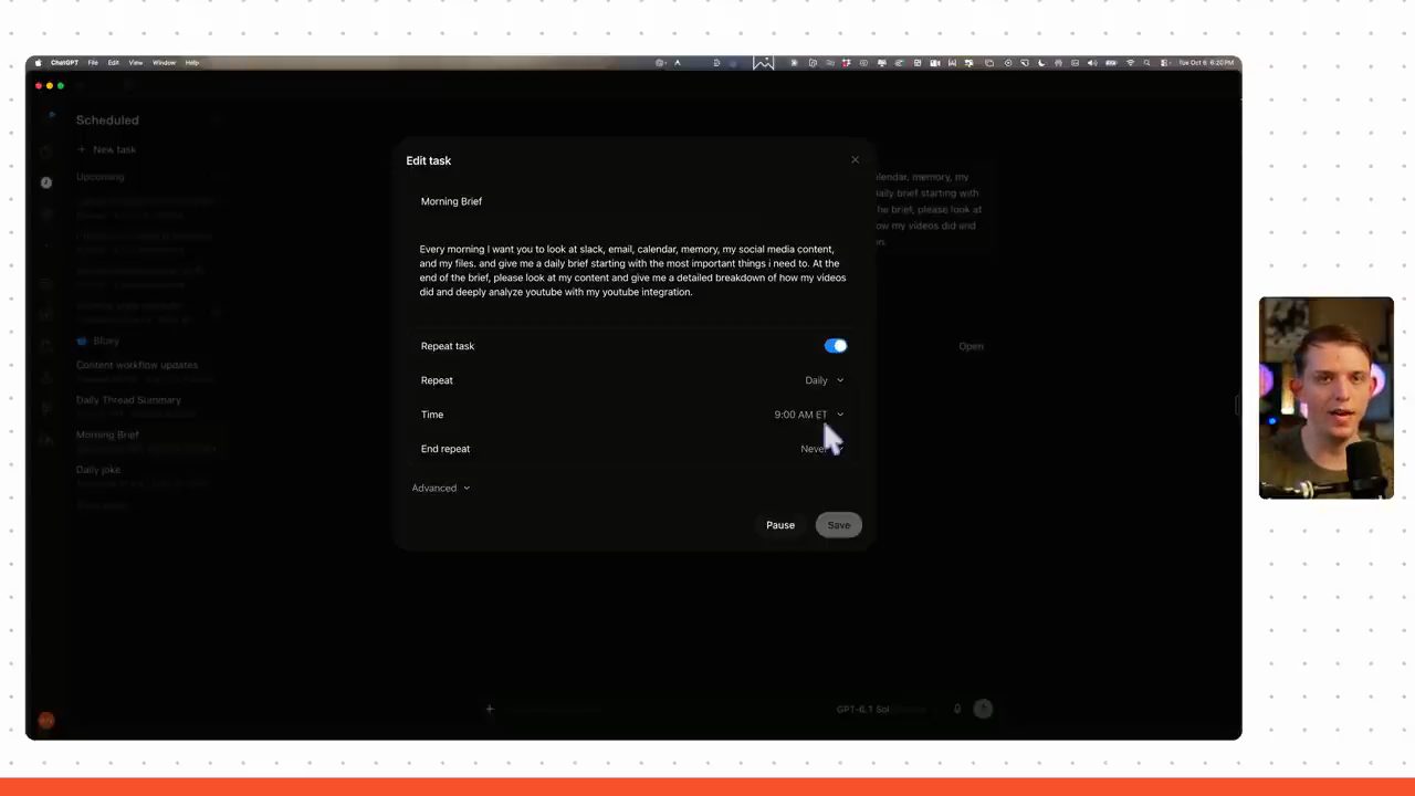 Hộp thoại Edit task của automation Morning Brief: Repeat Daily, Time 9:00 AM ET, End repeat Never