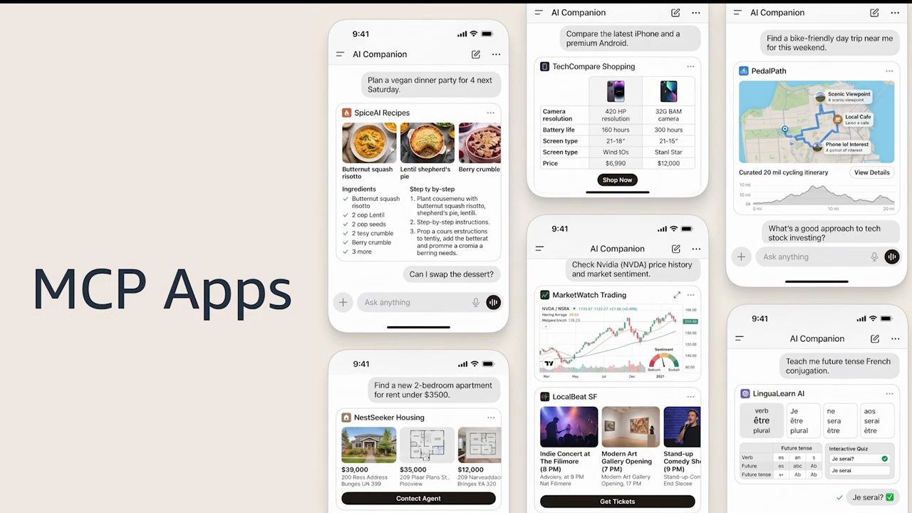 Slide MCP Apps với nhiều màn hình điện thoại: công thức nấu ăn, so sánh điện thoại, bản đồ đạp xe, chart cổ phiếu, nhà cho thuê, sự kiện, học tiếng Pháp
