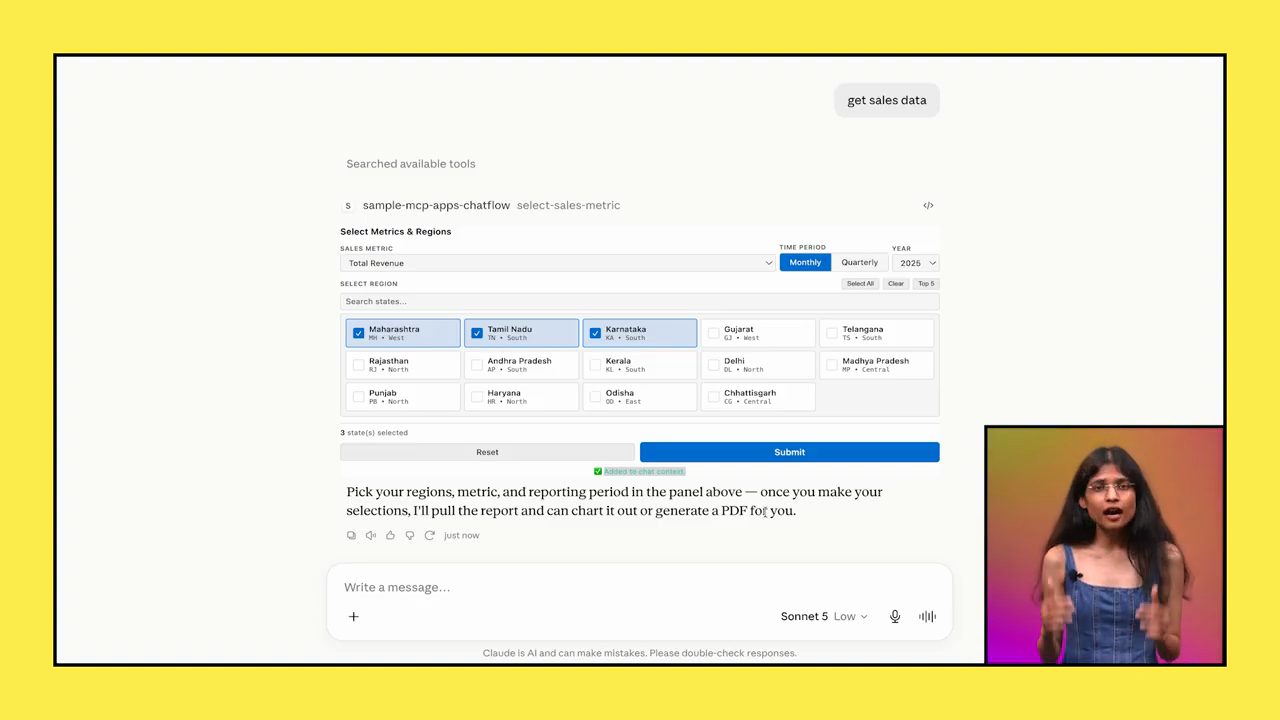 Form Select Metrics and Regions trong Claude Desktop, ba bang đã được chọn