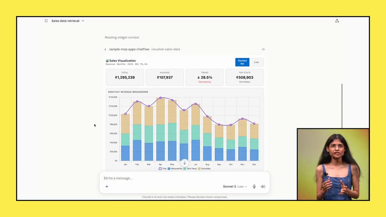 Dashboard Sales Visualization trong Claude Desktop với bốn thẻ số và biểu đồ cột chồng theo tháng