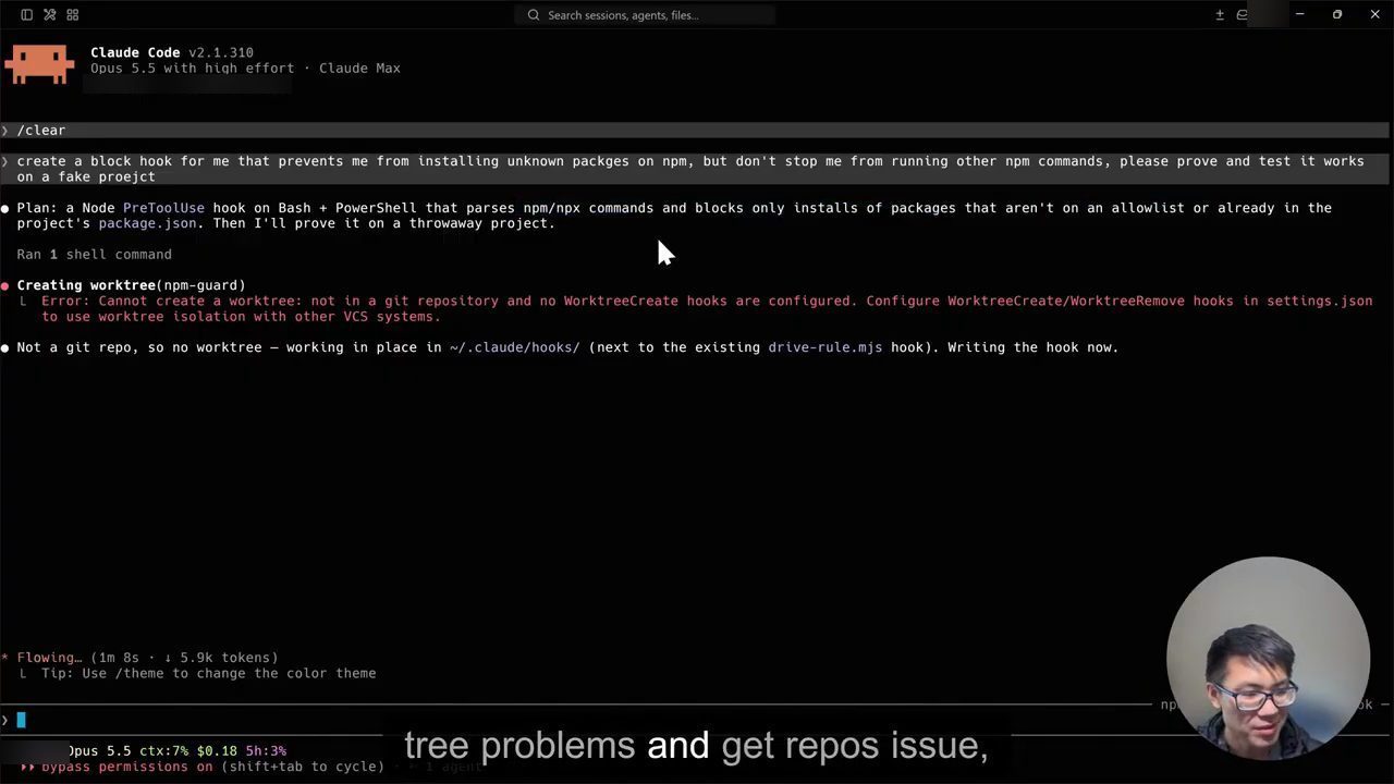 Terminal Claude Code: lệnh /clear, prompt tạo block hook, plan PreToolUse và lỗi tạo worktree
