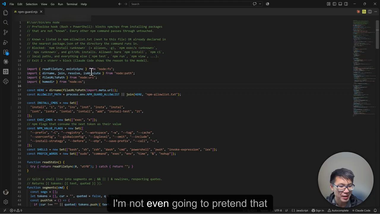 VS Code mở file npm-guard.mjs với phần comment đầu file và các import