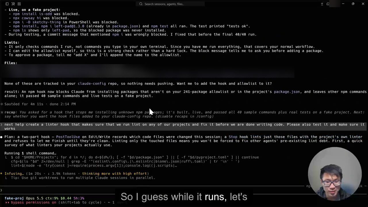 Terminal Claude Code: recap của block hook, prompt tạo linter hook và plan hai phần PostToolUse cùng Stop