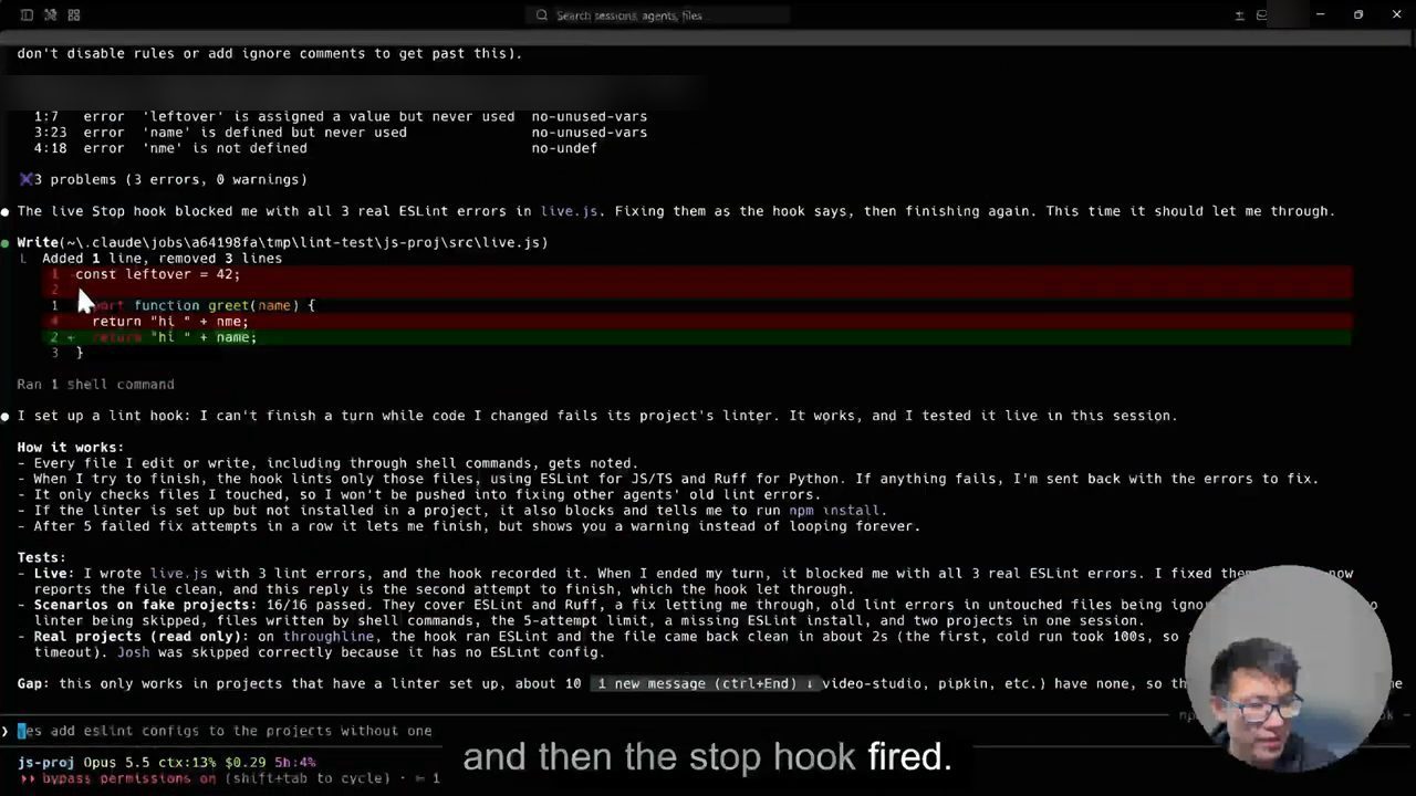Terminal: ESLint báo 3 lỗi trong live.js, Stop hook chặn Claude, Claude sửa file và in bản tóm tắt lint hook
