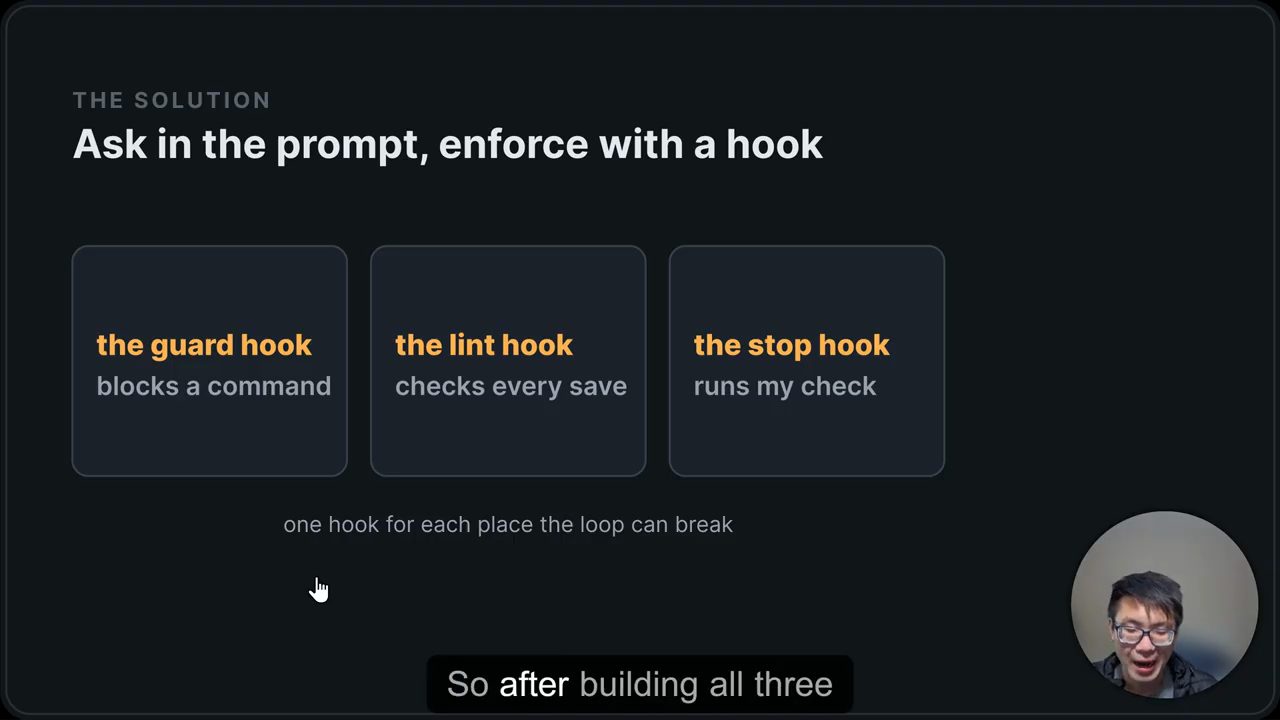 Slide The Solution: Ask in the prompt, enforce with a hook; ba ô the guard hook, the lint hook, the stop hook