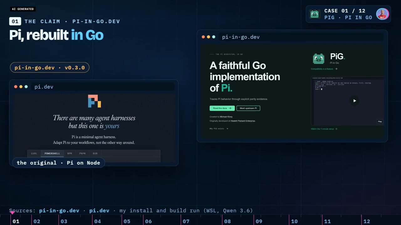 Hai cửa sổ trình duyệt: pi.dev của Pi gốc chạy trên Node và pi-in-go.dev của PiG v0.3.0