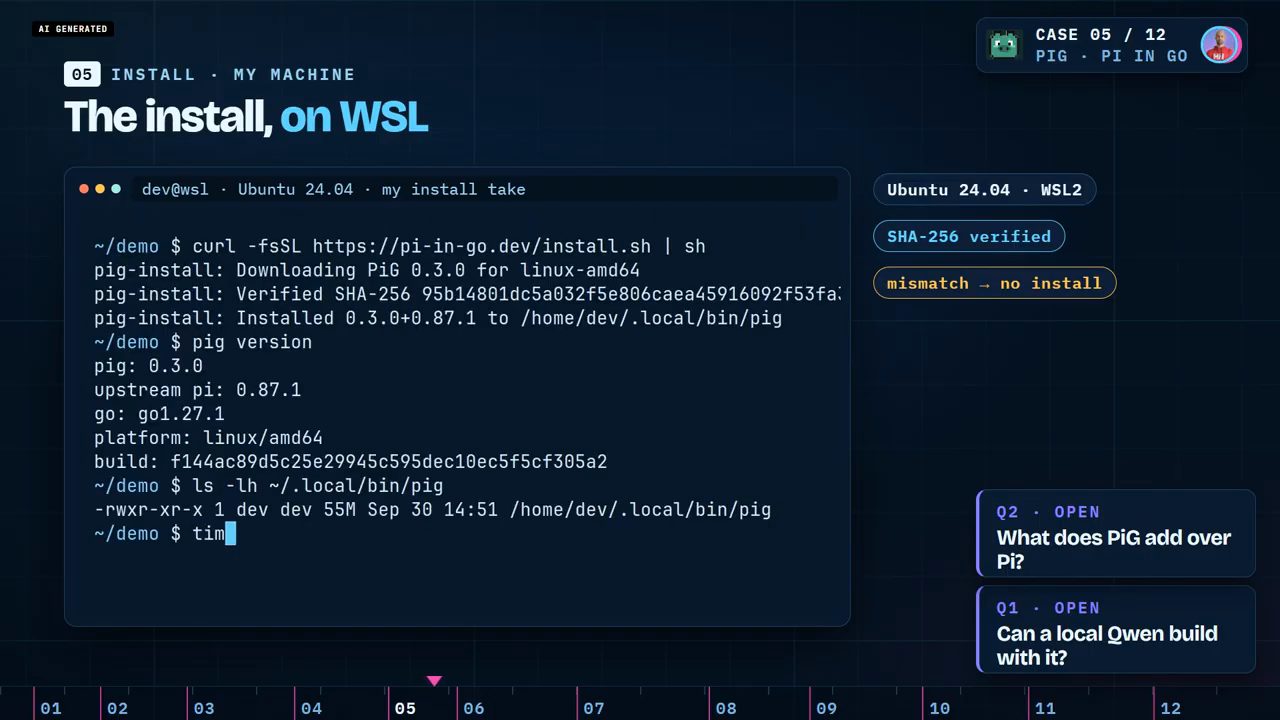 Terminal WSL Ubuntu 24.04: cài PiG 0.3.0, kiểm SHA-256, pig version và file 55M