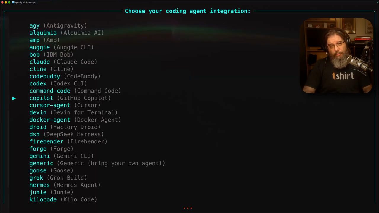 Terminal với tiêu đề specify init focus-app hiện danh sách Choose your coding agent integration