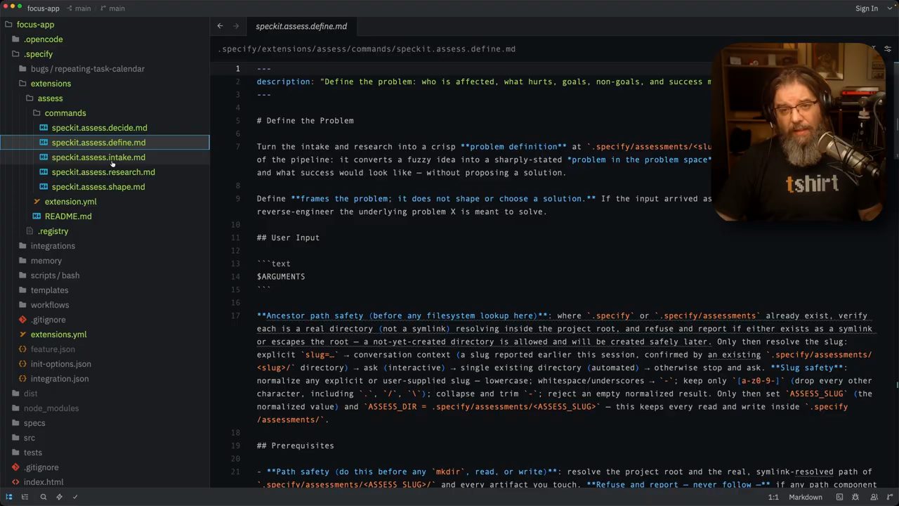 Editor mở file speckit.assess.define.md trong thư mục .specify/extensions/assess/commands