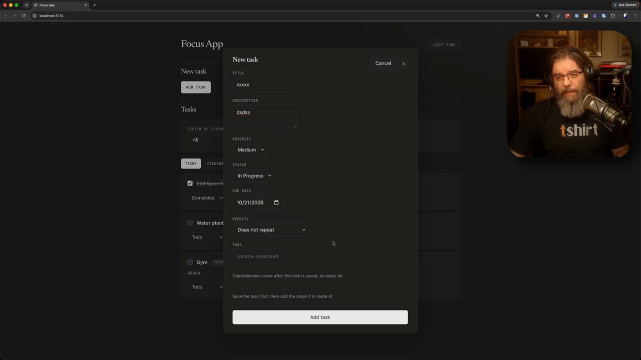 Hộp thoại New task của Focus App với các trường Title, Description, Priority, Status, Due date, Repeats, Tags
