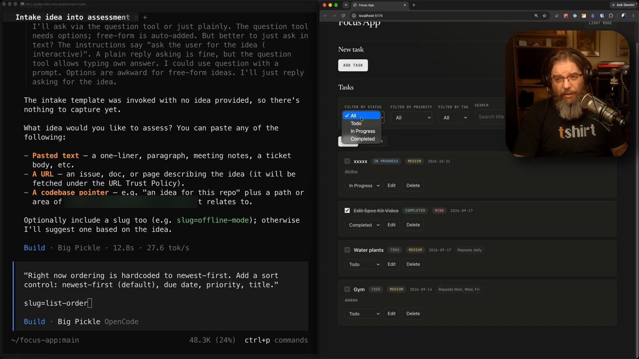 OpenCode bên trái với câu hỏi What idea would you like to assess và input của Joe, Focus App bên phải đang mở menu filter