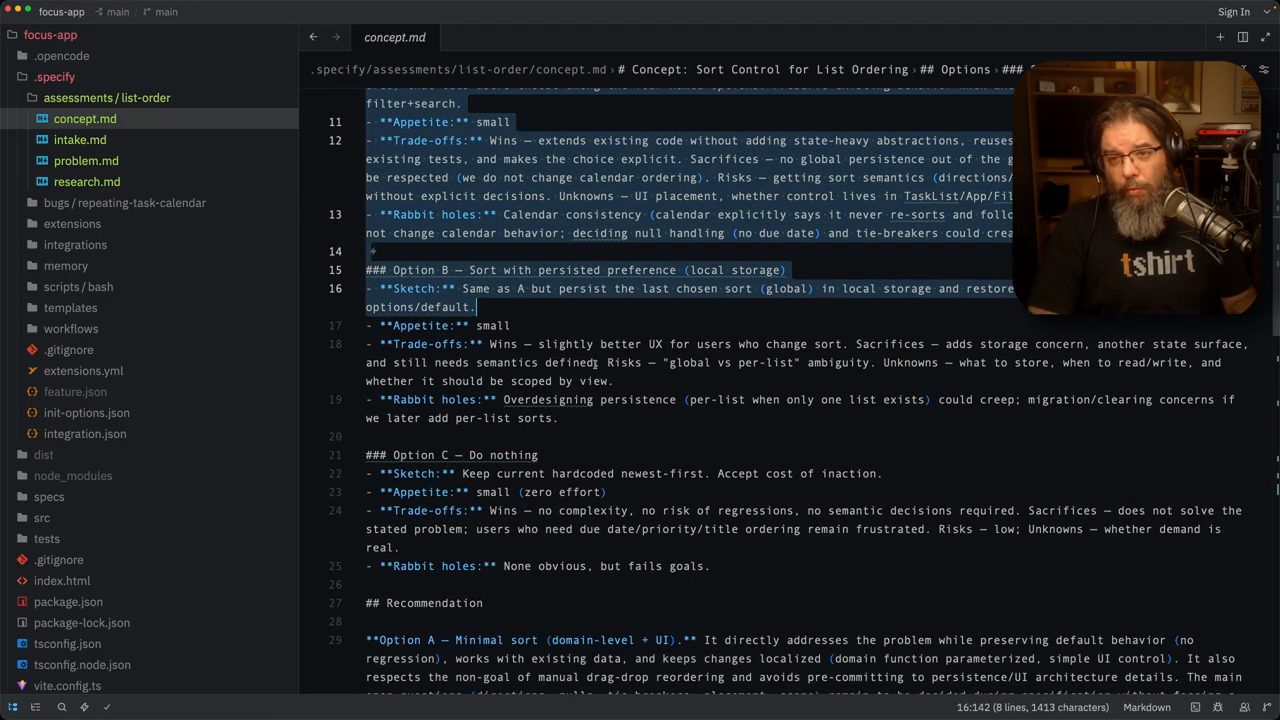 File concept.md với Option B Sort with persisted preference, Option C Do nothing và mục Recommendation