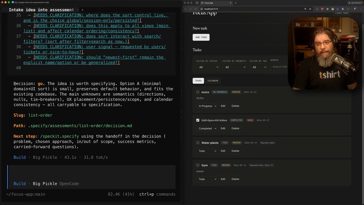 OpenCode hiện Decision: go, đường dẫn decision.md và Next step là /speckit.specify