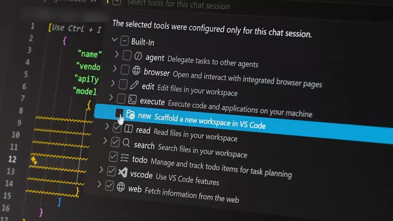 Danh sách Built-In tools trong VS Code đang được bỏ chọn