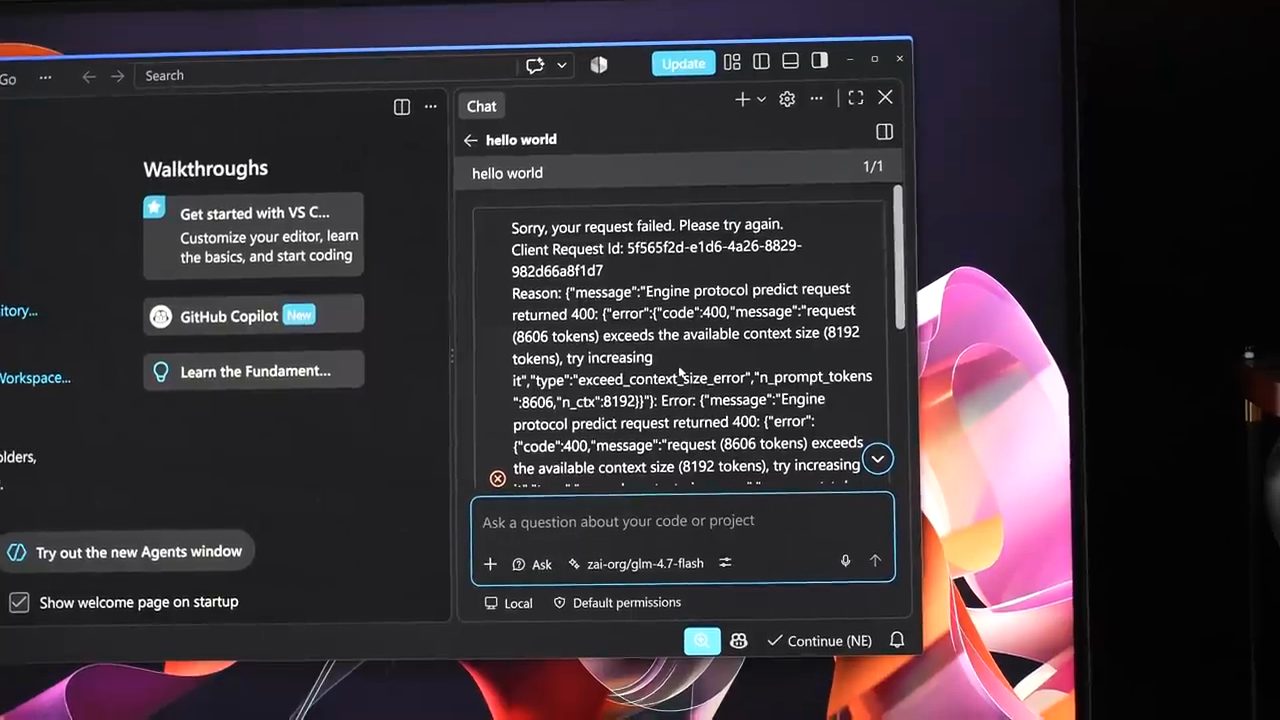 Khung chat VS Code báo lỗi request vượt quá context size
