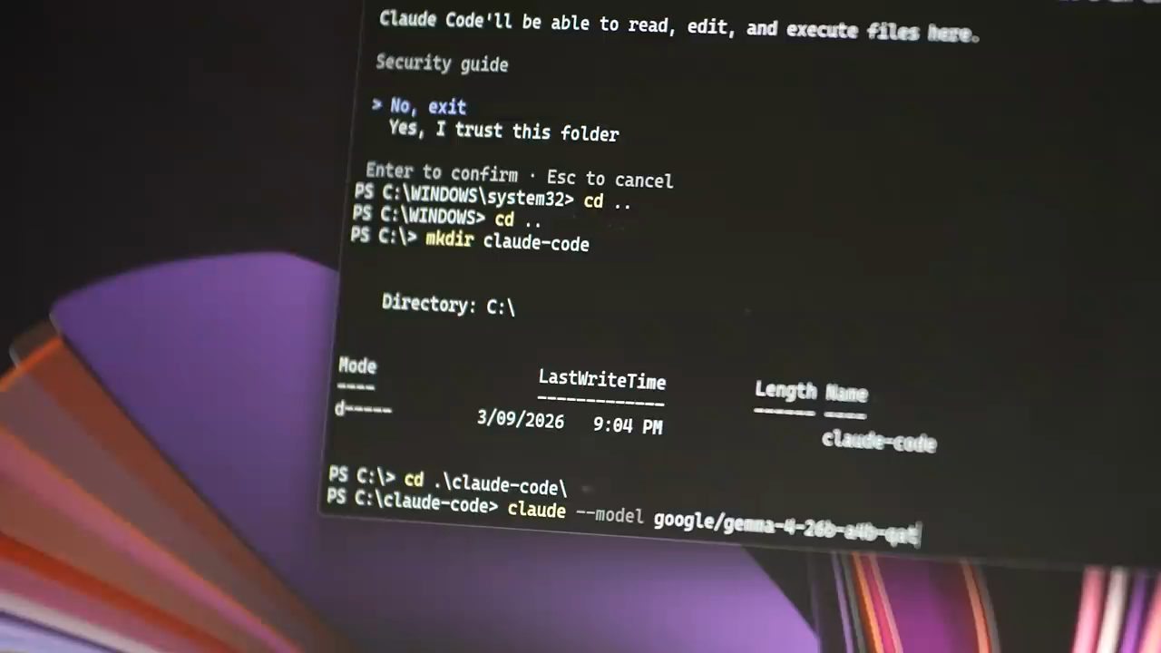 PowerShell: tạo thư mục claude-code và chạy claude với tham số model