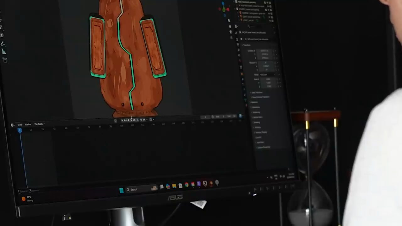 Blender hiển thị một vật thể 3D màu nâu được dựng từ artwork 2D